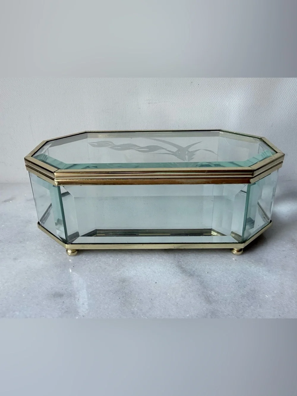 Glass and Brass Display Jewelry Case - Gold Finish, vintage